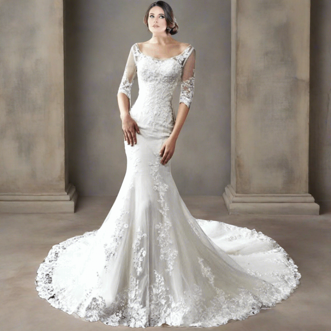 Buy latest bridal mermaid gown with sleeves wedding Anniversary wear GownLink