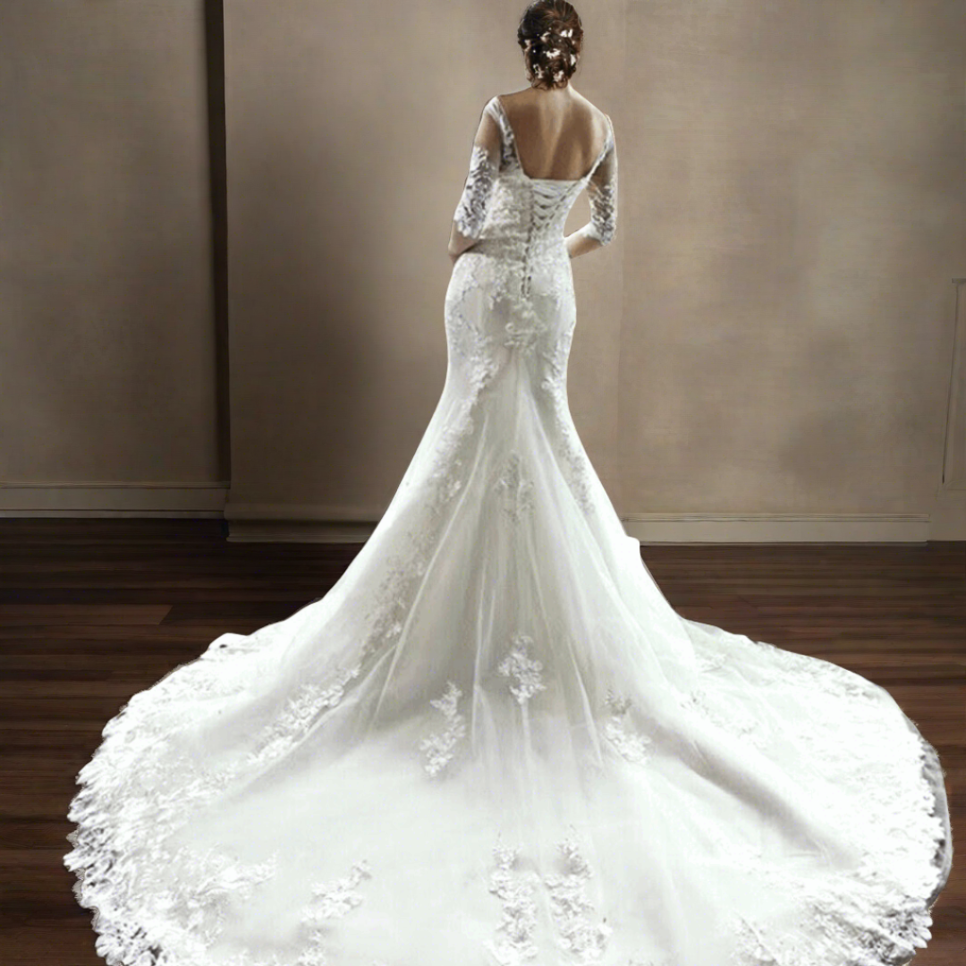 Charming short-sleeved Christian wedding gown.