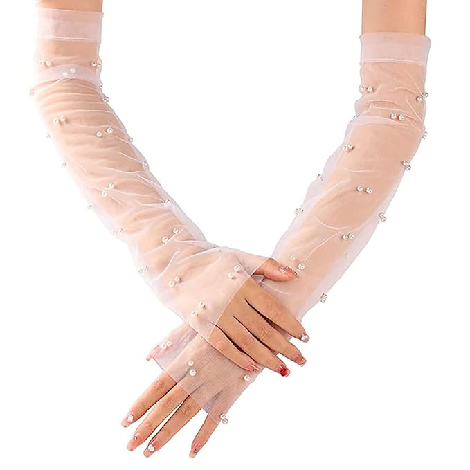 GownLink Lace Gloves Wedding Gloves for Bride Elbow Length Bridal Pearls Gloves Tulle Women G-96P