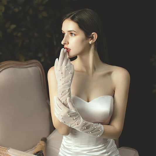 GownLink Lace Gloves Wedding Gloves for Bride Elbow Length Bridal Pearls Gloves Tulle Women G-97p