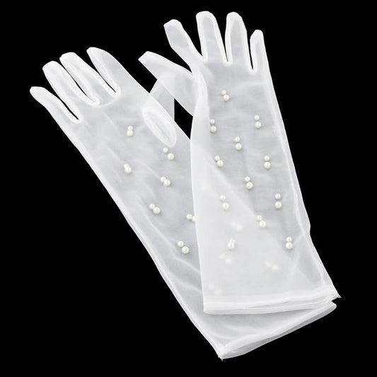 GownLink Lace Gloves Wedding Gloves for Bride Elbow Length Bridal Pearls Gloves Tulle Women G-97p