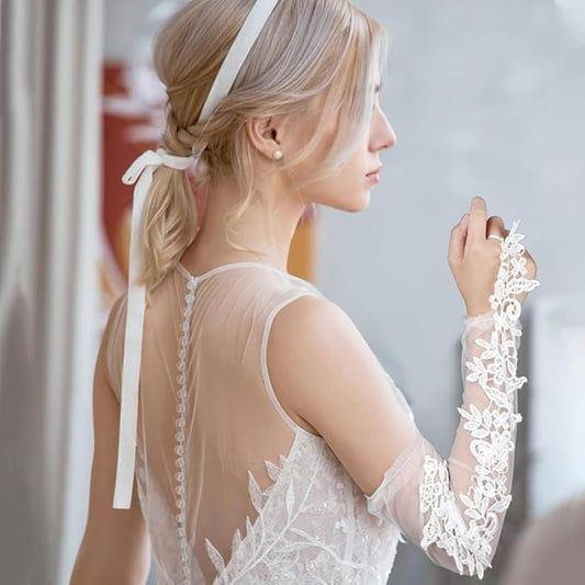 GownLink's Lace Gloves Wedding Gloves for Bride Elbow Length Bridal Gloves Flower Jacquard Tulle White Gloves for Women GKD03