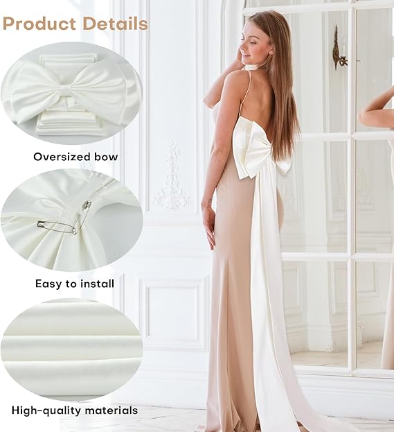 GownLink,s Detachable Satin Bow Train – 59" Long Elegant Big Bow Belt for Wedding, Prom, Evening Dresses or Costume Wear (White)