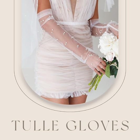 GownLink Lace Gloves Wedding Gloves for Bride Elbow Length Bridal Pearls Gloves Tulle Women G-96P