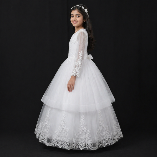 GownLink Girls First Holy Communion White Dress Lace Ball Gown with Belt for Church (HLC40B)