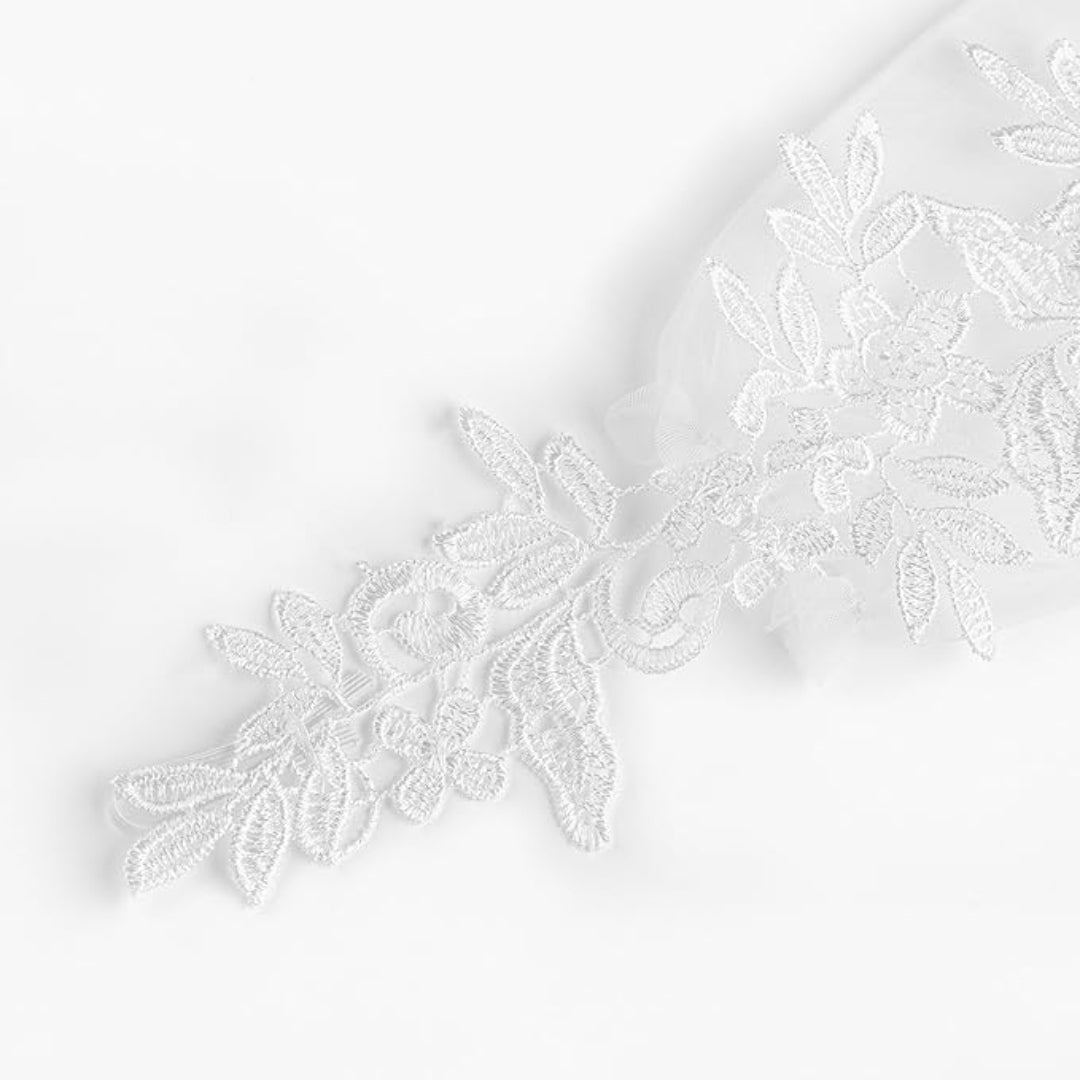 GownLink's Lace Gloves Wedding Gloves for Bride Elbow Length Bridal Gloves Flower Jacquard Tulle White Gloves for Women GKD03