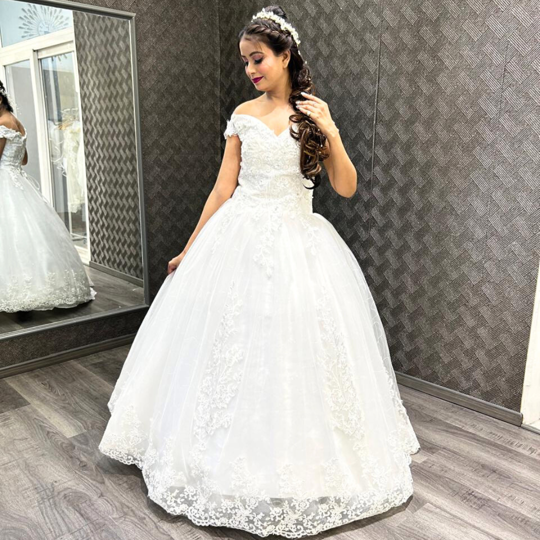 White lace Catholic wedding gown in Ahmedabad