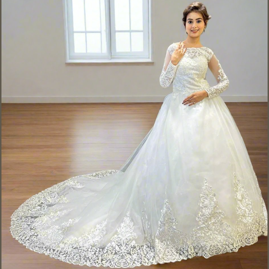 Gownlink White Christian Wedding Train Gown with Lace Appliques GL36CT