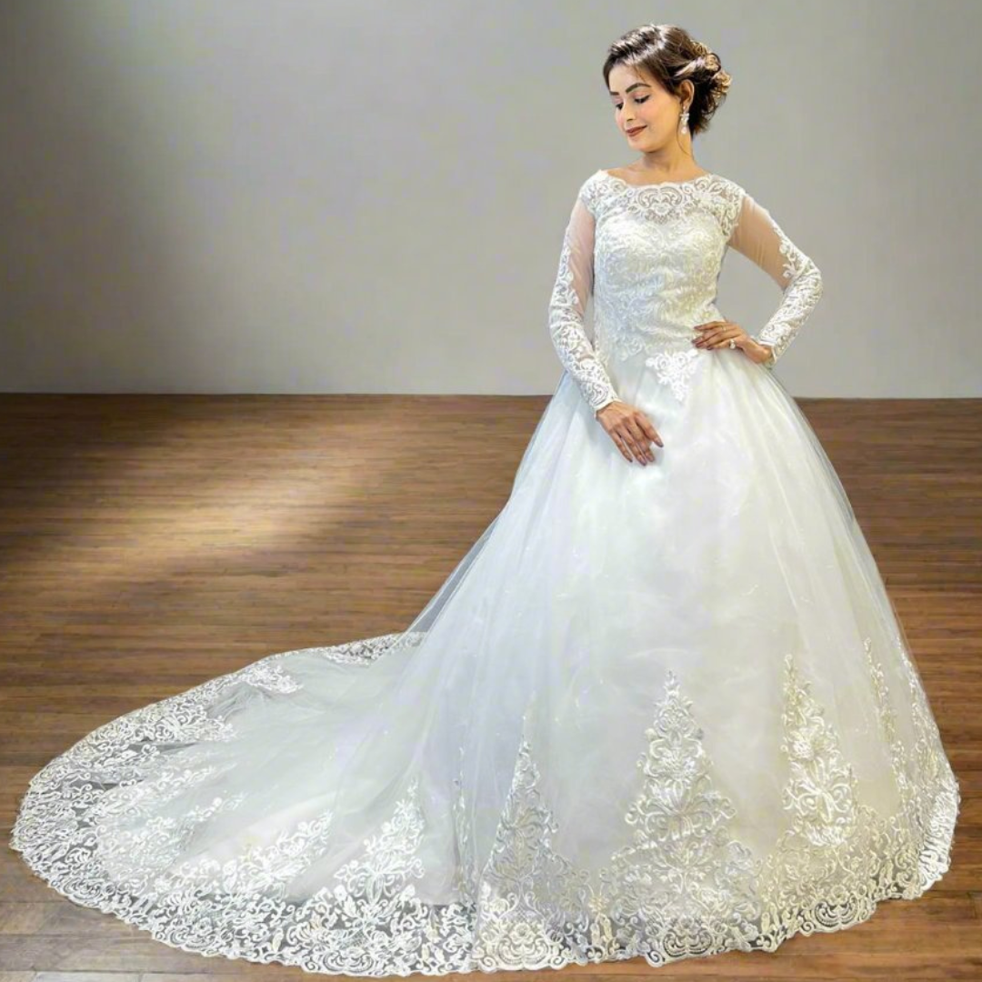 Gownlink White Christian Wedding Train Gown with Lace Appliques GL36CT
