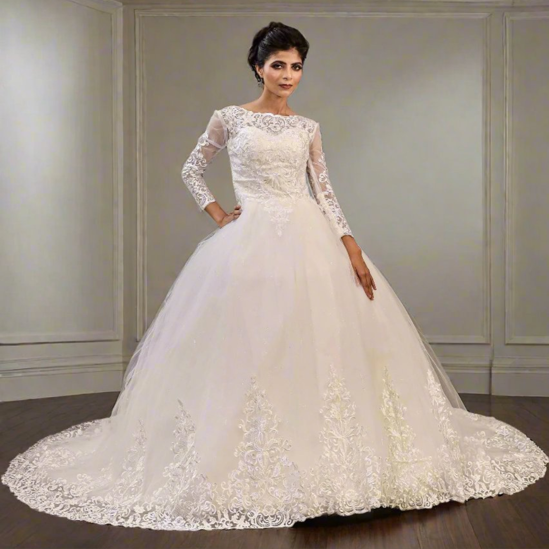 Gownlink White Christian Wedding Train Gown with Lace Appliques GL36CT