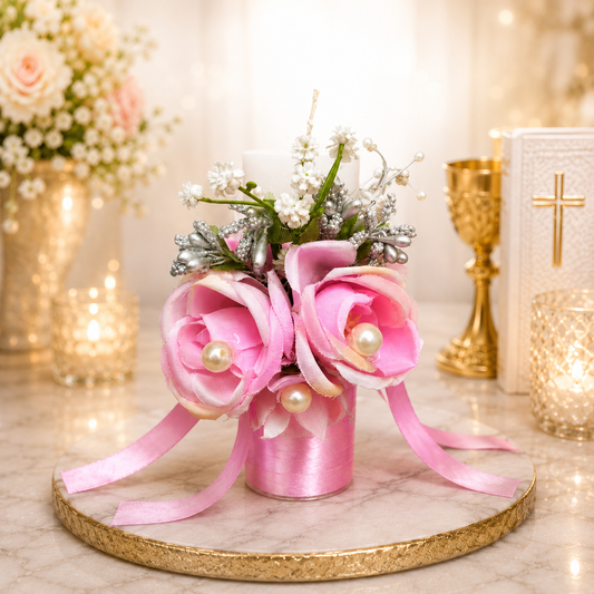 Close-up of decorative detail on Pink Holy Communion Candle — GownLink COMMUNION