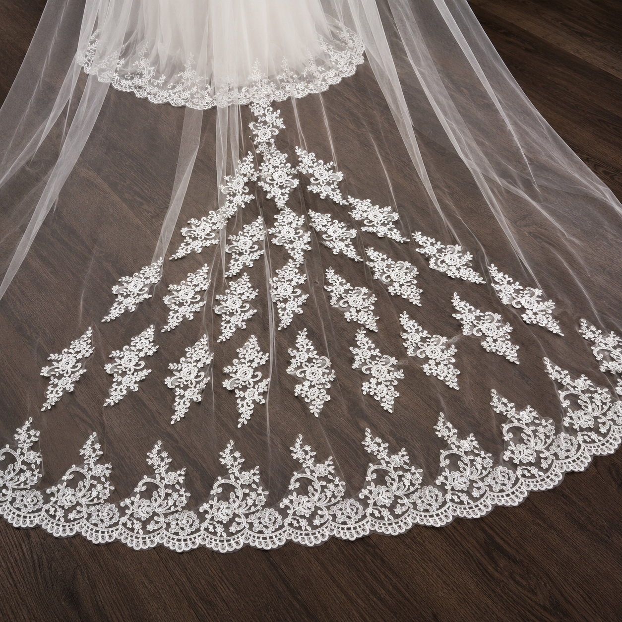 Model wearing Long Bridal Veil with bridal gown — GownLink GLAVL008