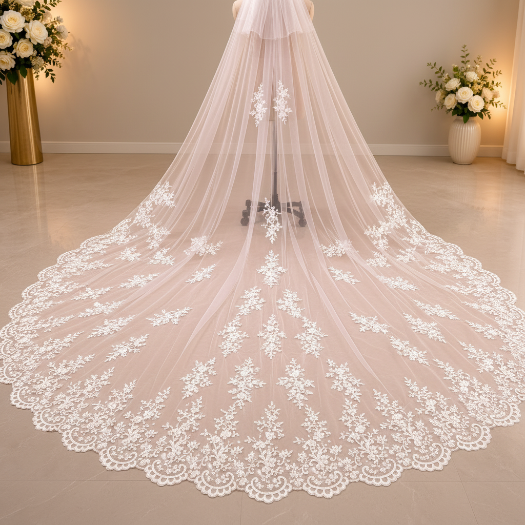 Layer detail of Long Bridal Veil showing tulle and lace — GownLink GLVL-23