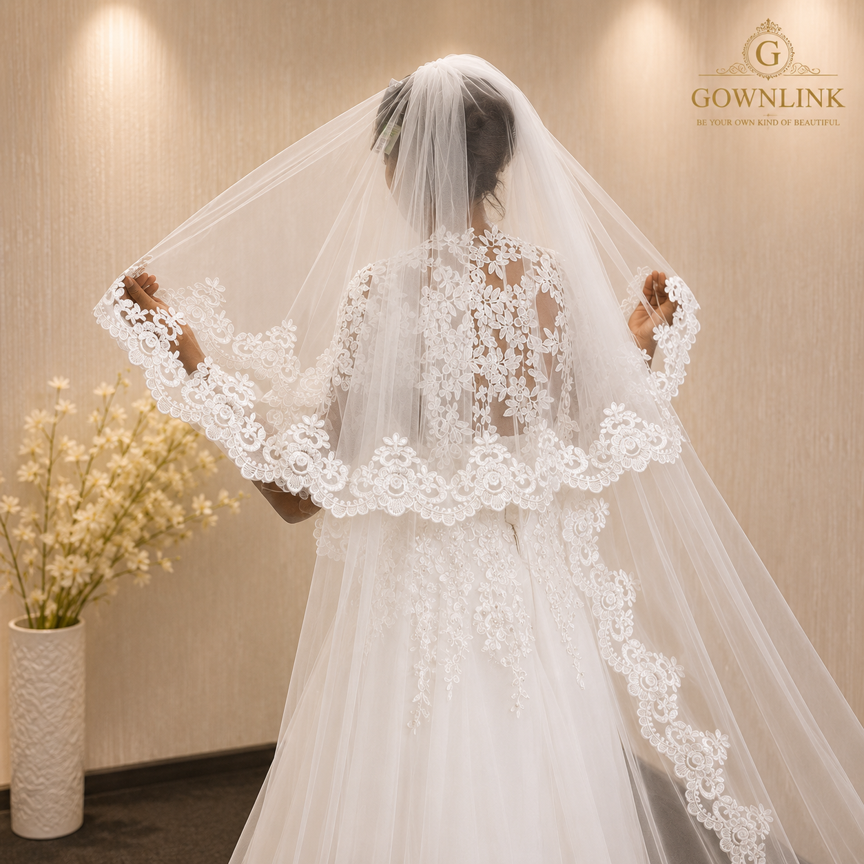 Model wearing Cathedral Bridal Veil with bridal gown — GownLink CATHEDRAL