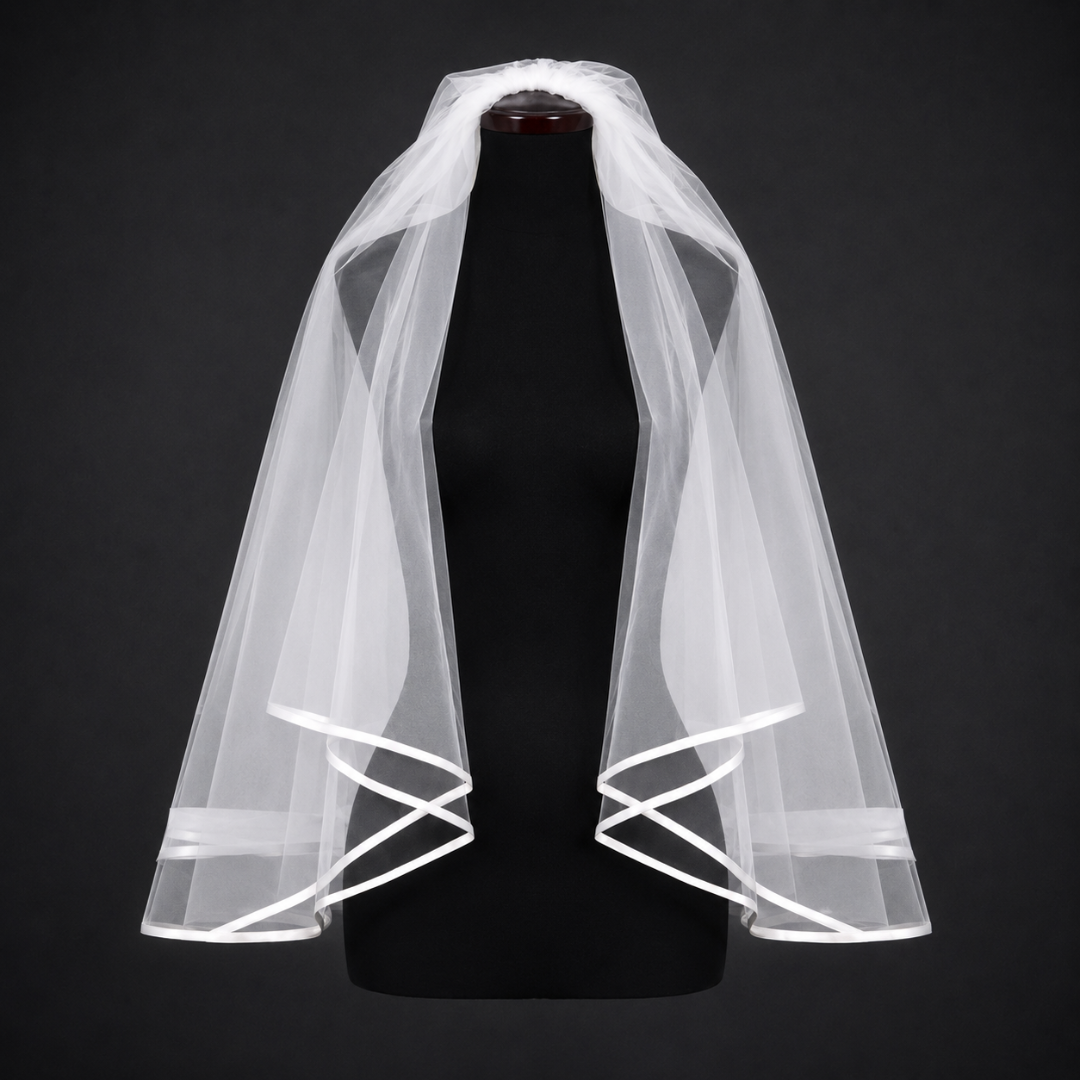 Side view of Cathedral Bridal Veil with Ribbon with comb attachment visible — GownLink GLV9