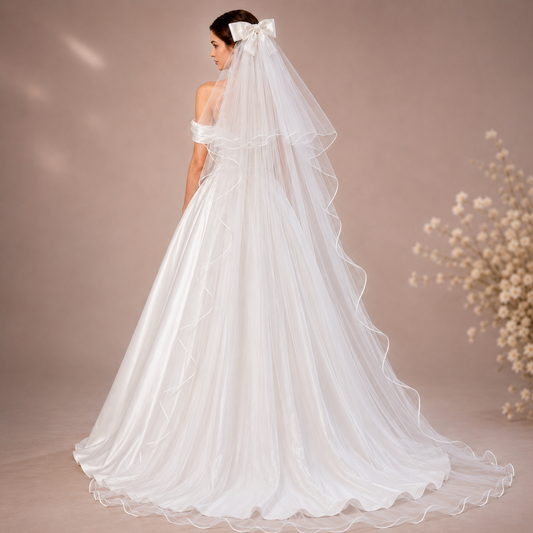 Back view of Short Bridal Veil showing full length and drape — GownLink GLVHM16