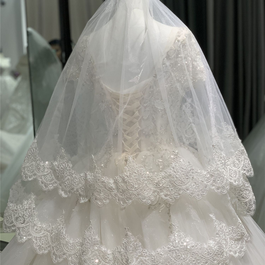 Back view of Bridal Veil with Lace showing full length and drape — GownLink GLHLCV2