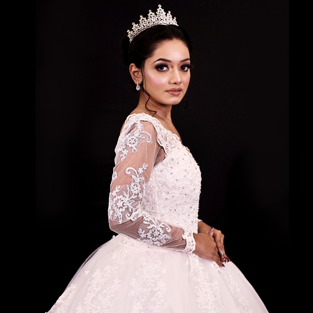White lace wedding gown for Christian bride in Puducherry