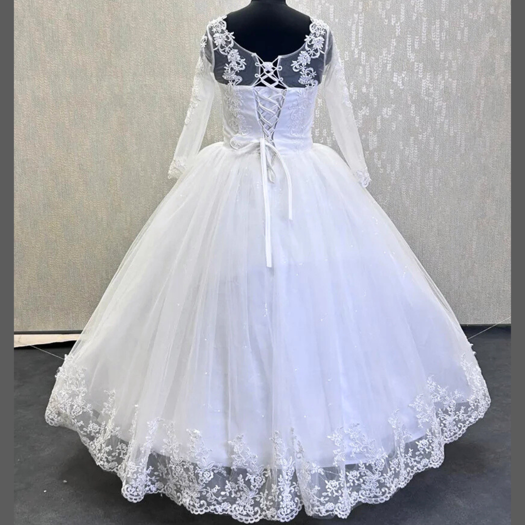 GownLink White Wedding Ball Gown with Round Neck Style GLGFO42LACE