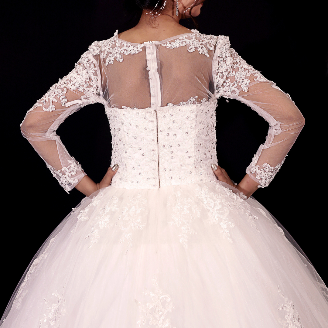 GownLink Stunning Train Gown White Church Wedding Gown with Beaded Lace GLGT009