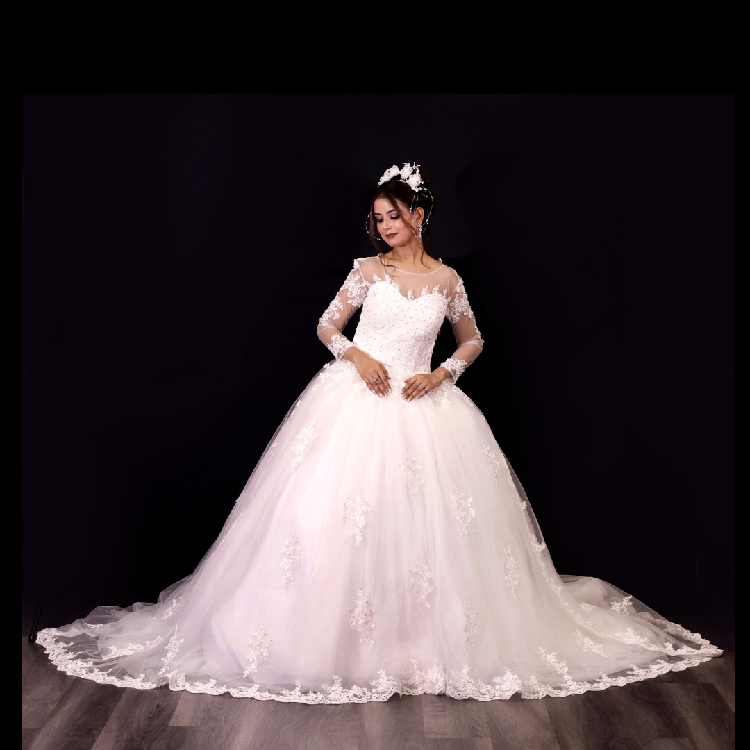 GownLink Stunning Train Gown White Church Wedding Gown with Beaded Lace GLGT009