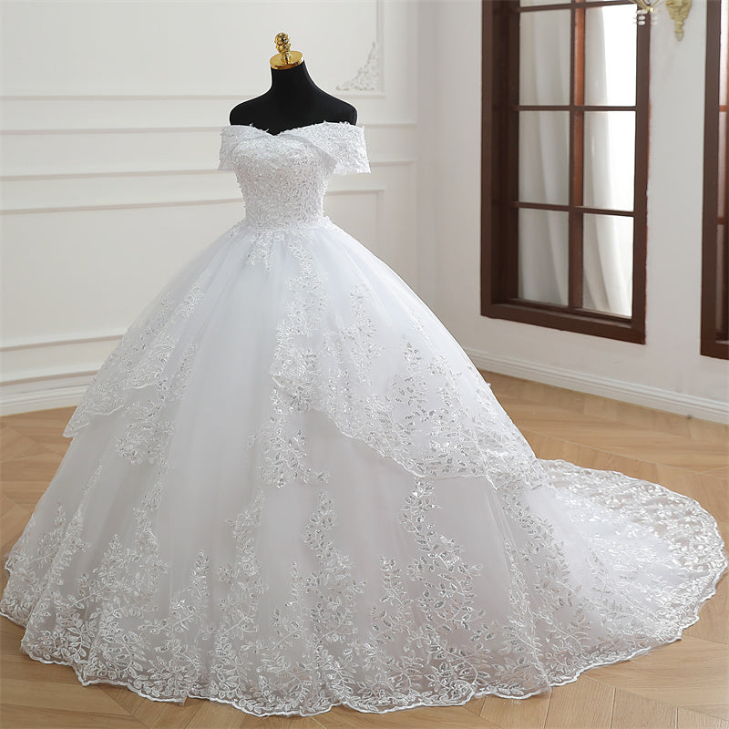 GownLink Off Shoulder White Wedding Train Gowns for the High-End Christian Bride GLGB501T