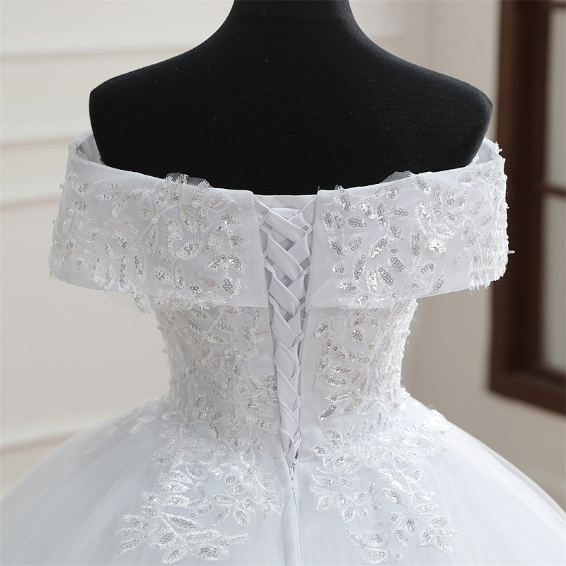 GownLink Off Shoulder White Wedding Train Gowns for the High-End Christian Bride GLGB501T