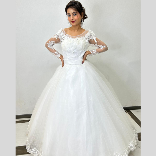Elegant white bridal ball gown featuring lace bodice and floor-length silhouette