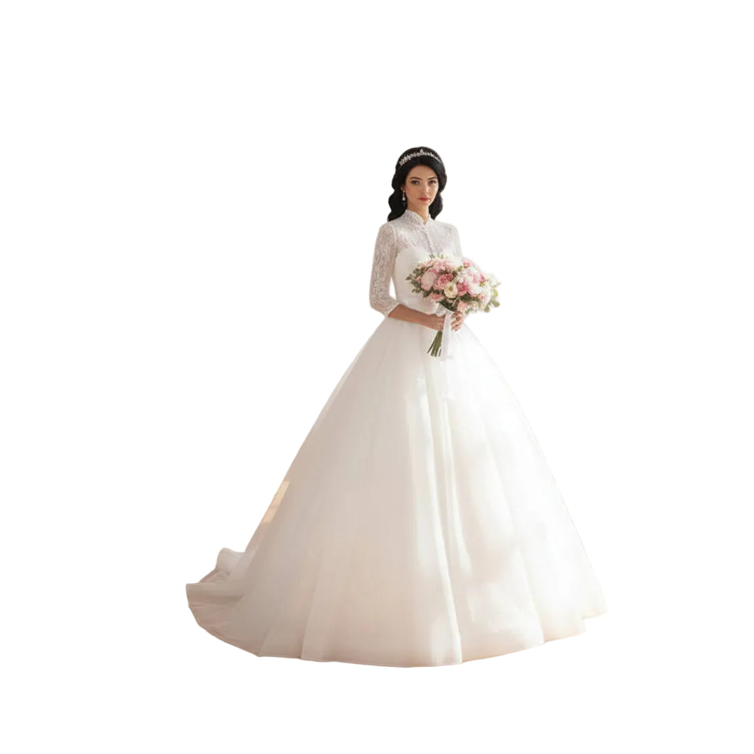 Front view of White Ball Gown on model against studio backdrop — GownLink GLFU257B