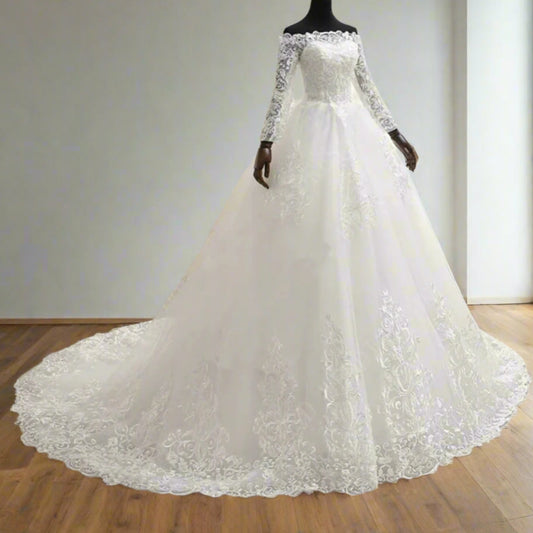 GownLink Royal White Wedding Gown Off Shoulder Long Train Bridal Dress GLQD09T
