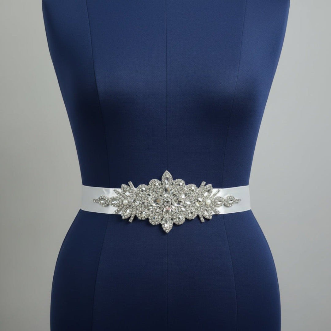 Flat lay of Bridal Sash Belt on white surface — GownLink GL-BELT-CRY01