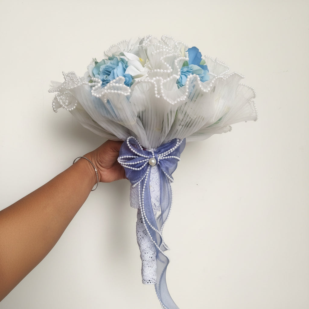 Detail of ribbon and wrapping on White Bridal Bouquet — GownLink B-61