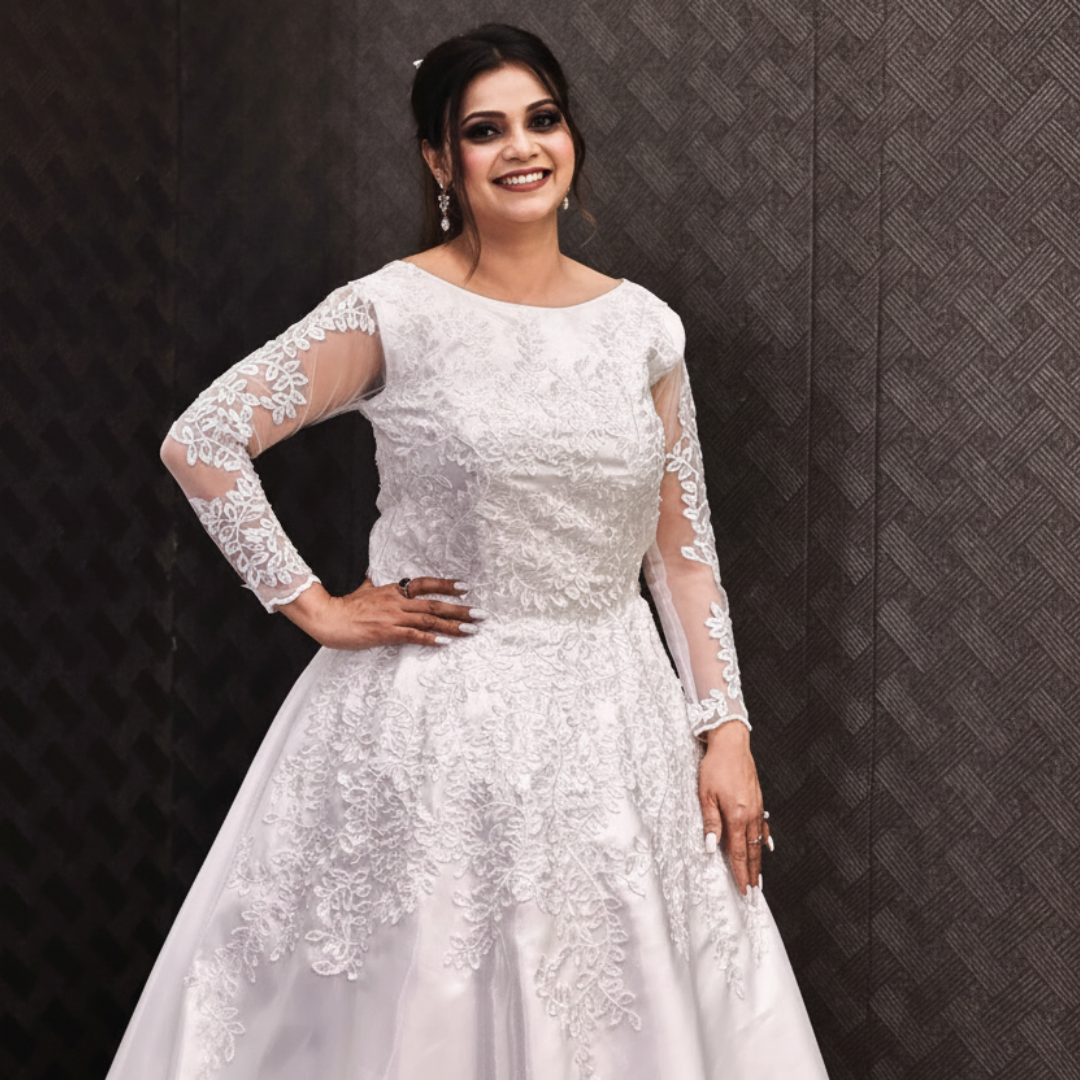 Three-quarter view of White Bridal Gown Satin with Train on model — GownLink GLHMST7