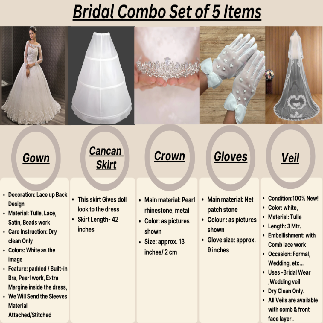GownLink Full Bridal Set of Five Gown Veil Crown Gloves for Christian & Catholic bride Combo-GF042