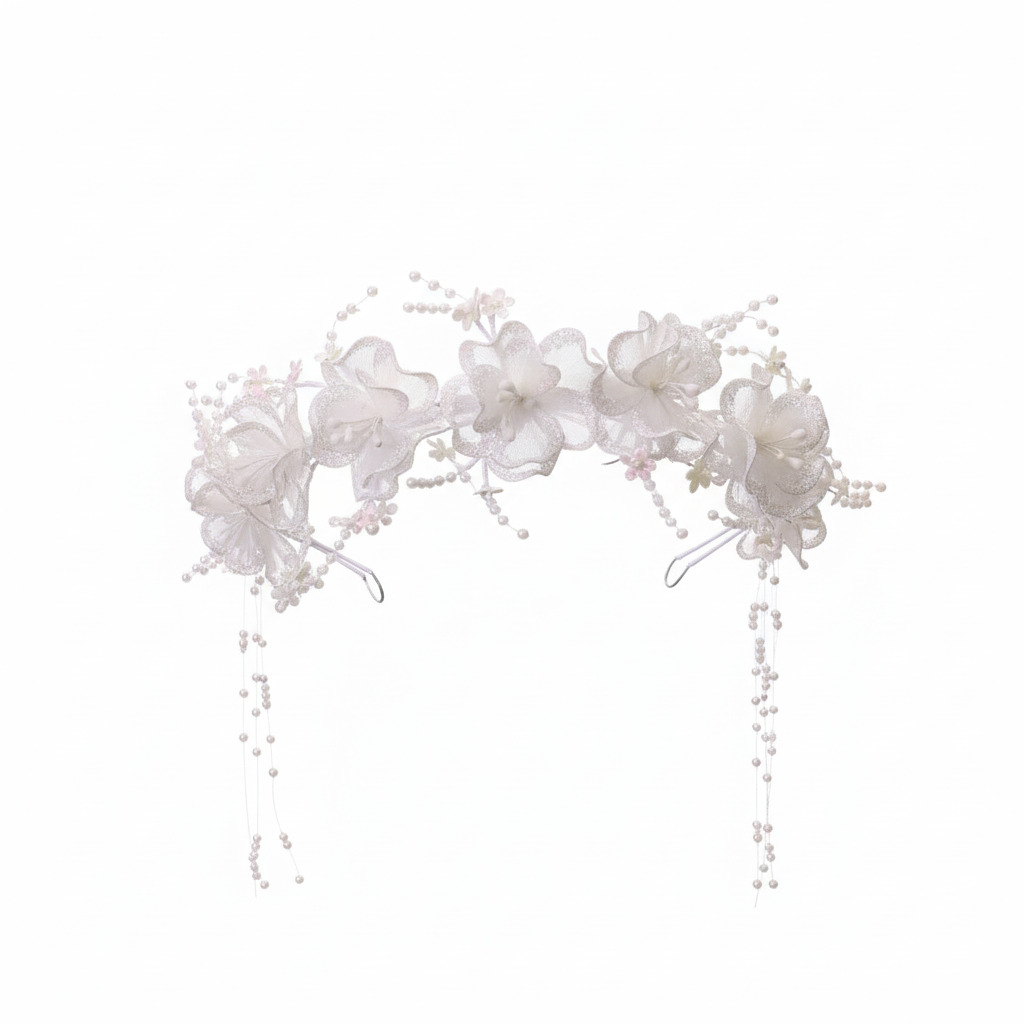 Close-up of pearl and crystal detail on Bridal Wreath — GownLink W83