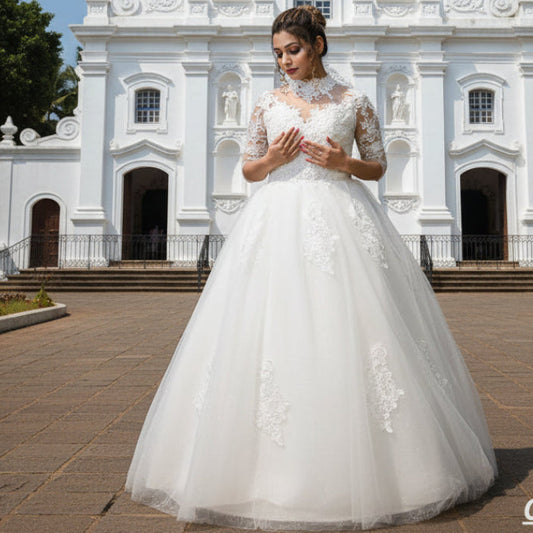. GownLink Modest White Cathedral Ball Bridal Wedding Gown High Neck Style GLD68B