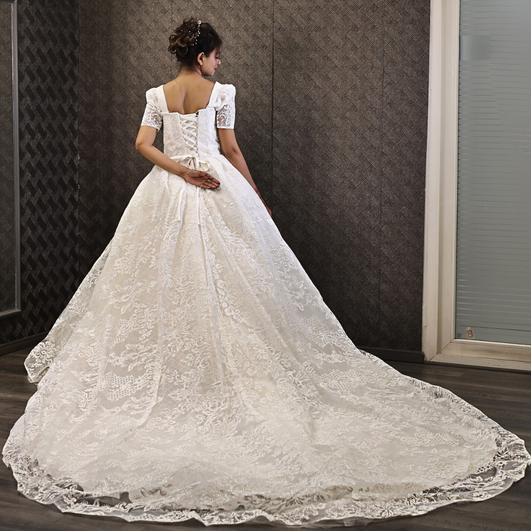 White glitter wedding gown for church in Uttarakhand
