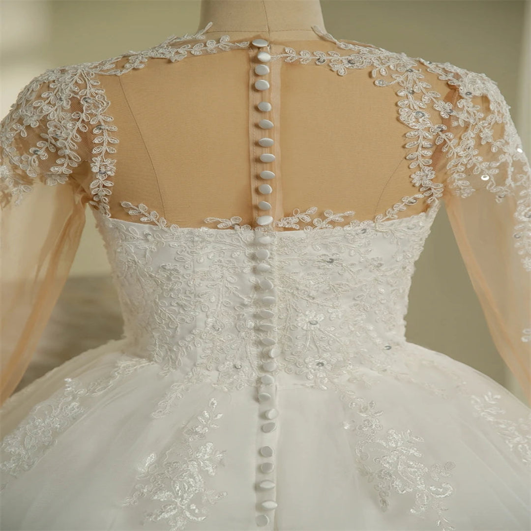 GownLink Stunning Train Gown White Church Wedding Gown with Beaded Lace GLGT009