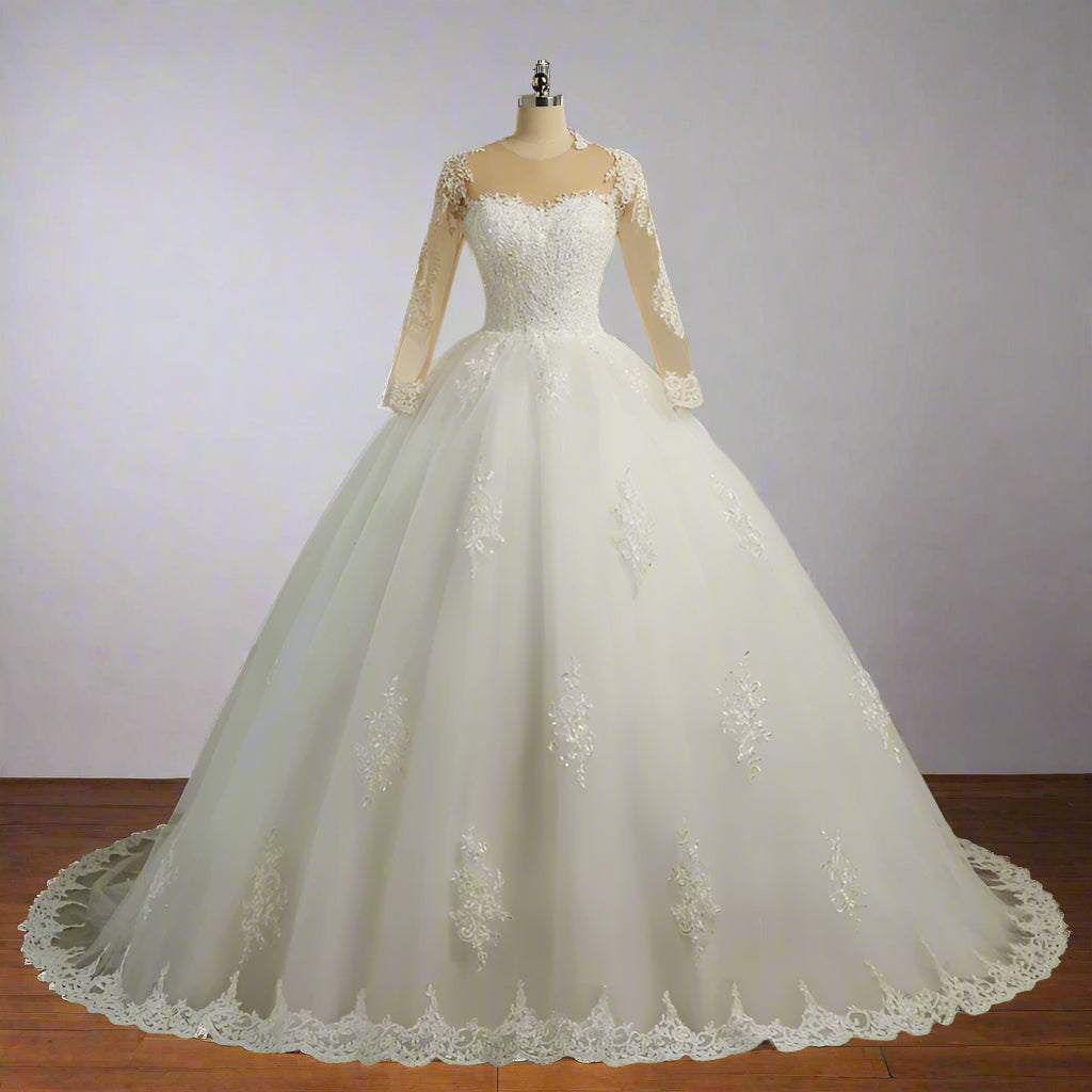 GownLink Stunning Train Gown White Church Wedding Gown with Beaded Lace GLGT009