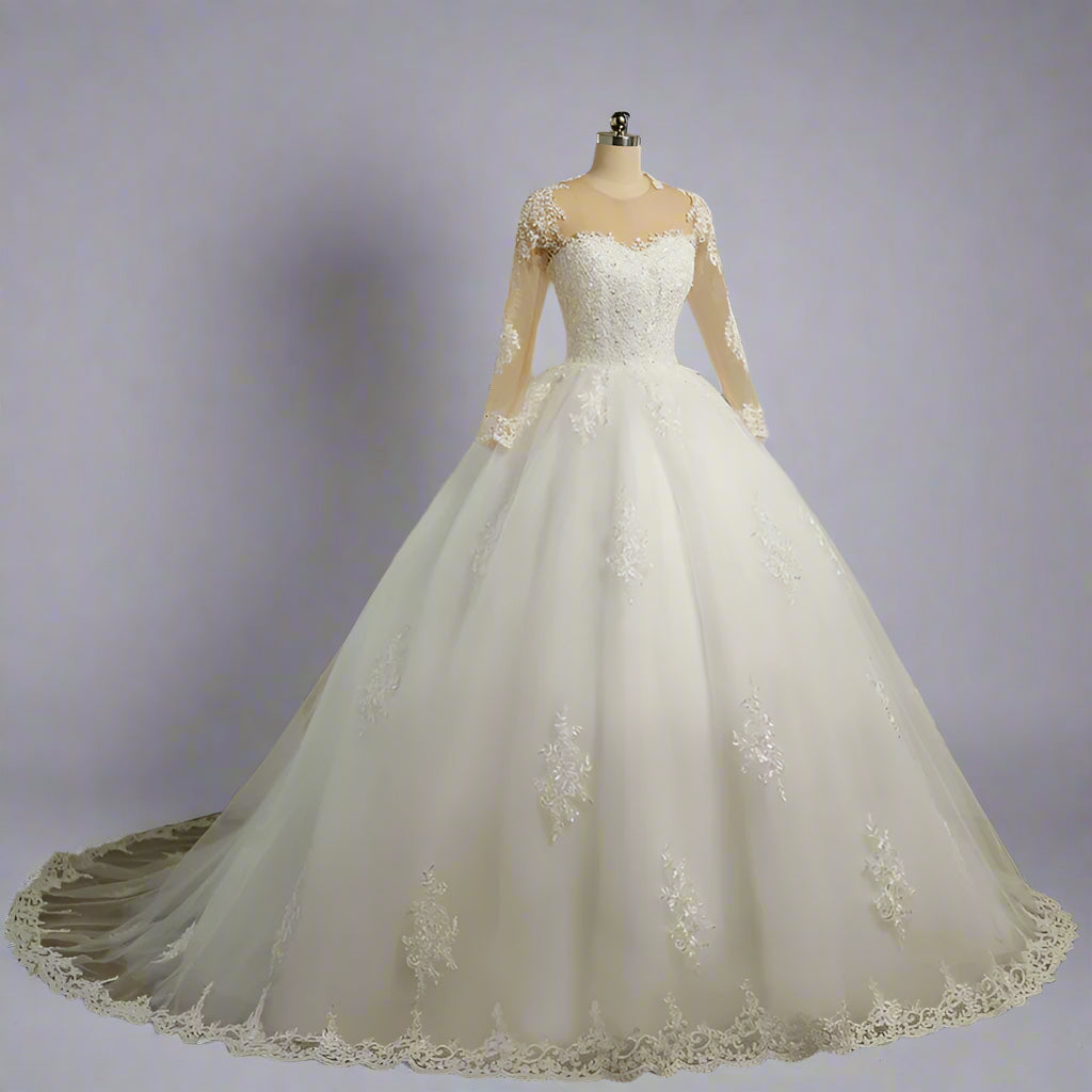 GownLink Stunning Train Gown White Church Wedding Gown with Beaded Lace GLGT009