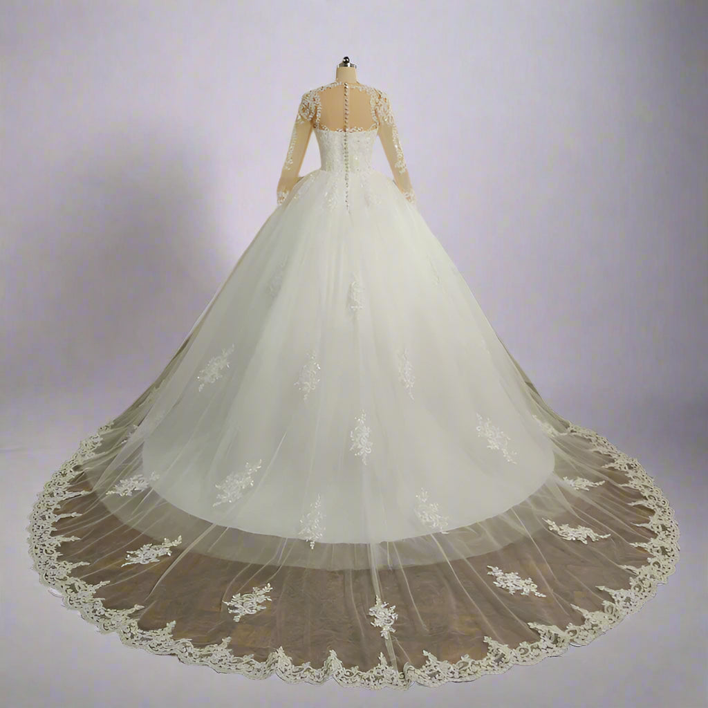 GownLink Stunning Train Gown White Church Wedding Gown with Beaded Lace GLGT009