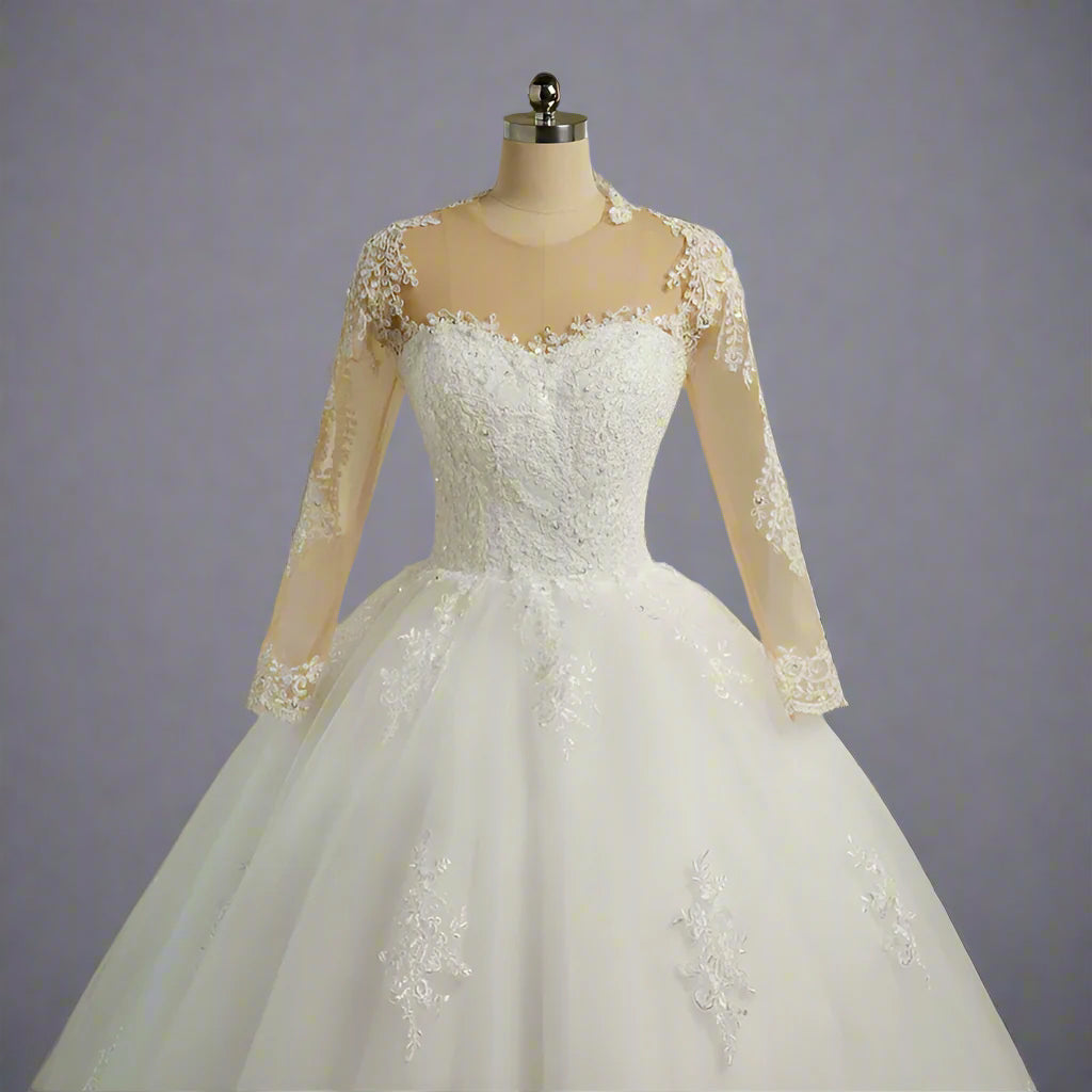GownLink Stunning Train Gown White Church Wedding Gown with Beaded Lace GLGT009