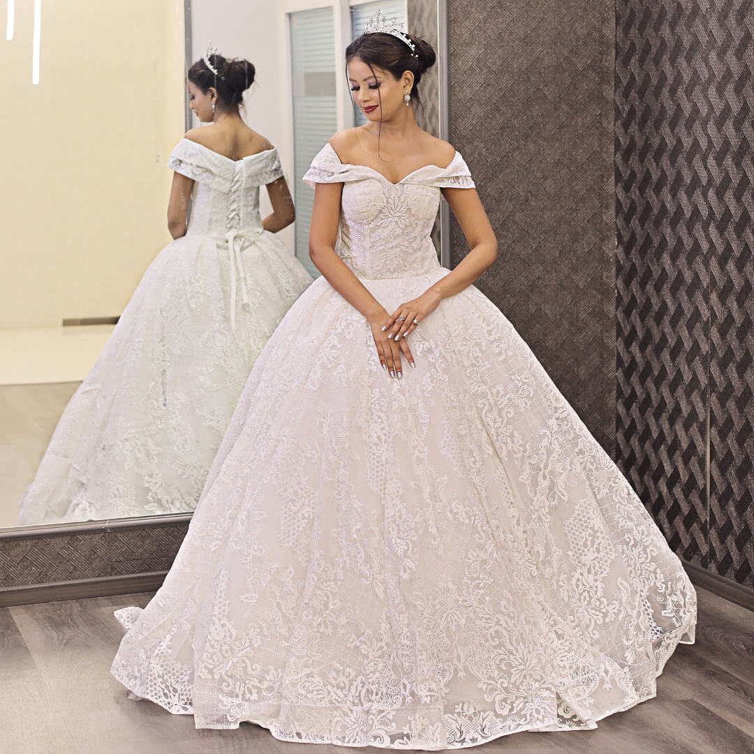 White glitter wedding gown for Catholic bride in New Delhi