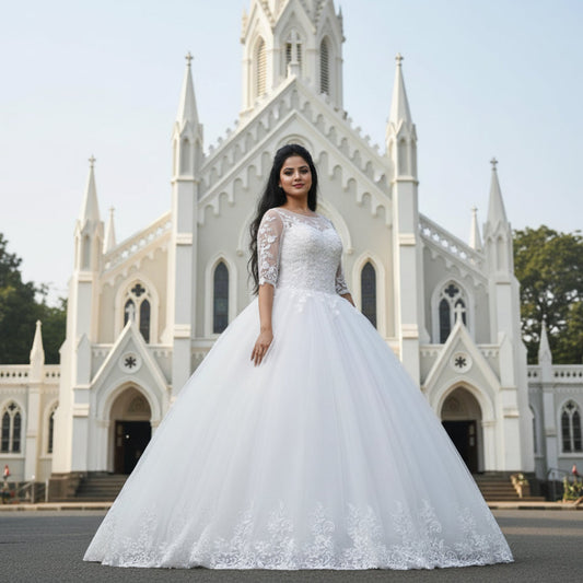 GownLink’s Luxury Bridal Ball Gown for Christian & Catholic Weddings Designer White Princess Wedding Dress with Transparent Full Lace Sleeves & Elegant Royal Flare-GLGF074