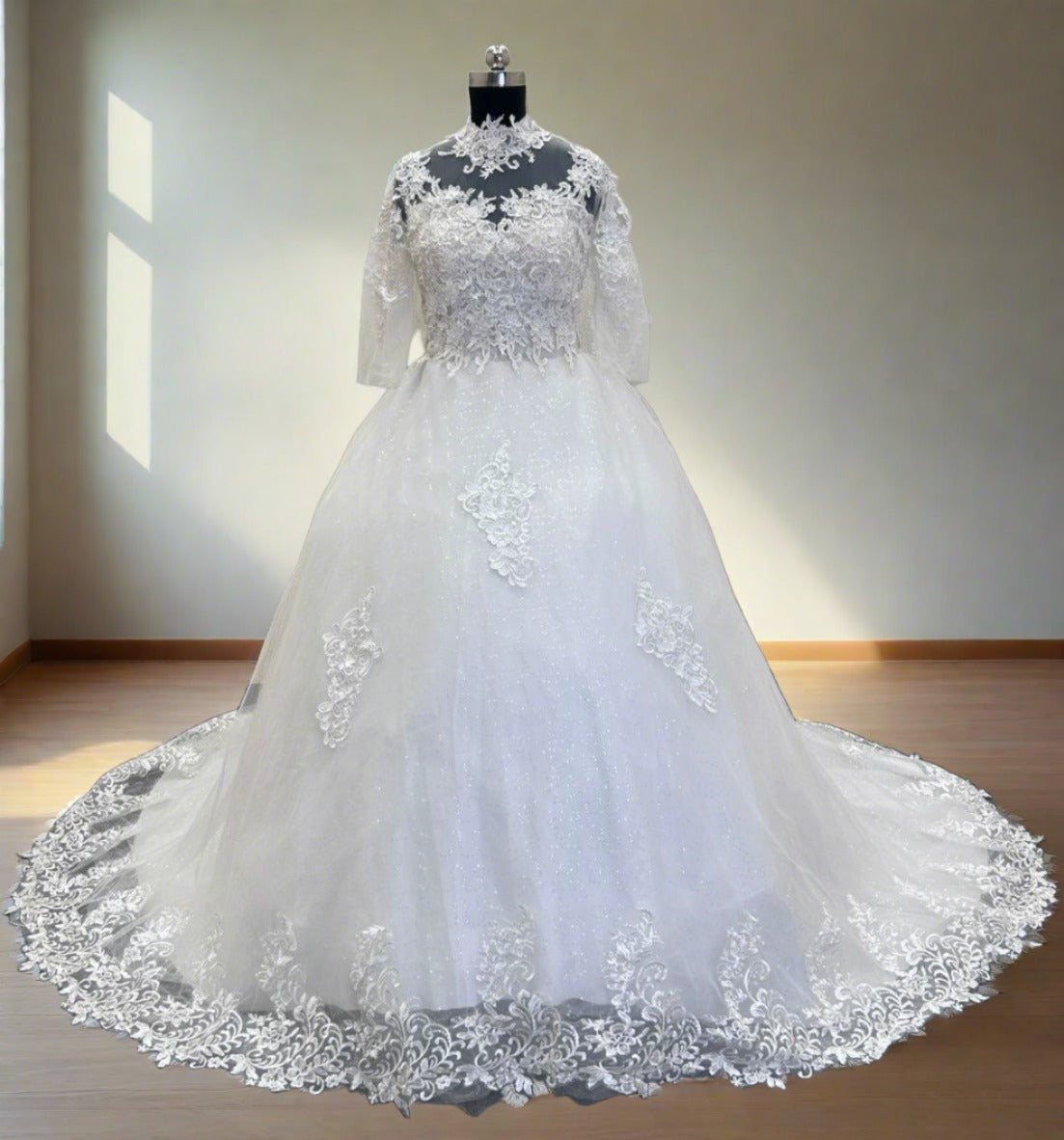 White Train gown with sleeves in Nellor