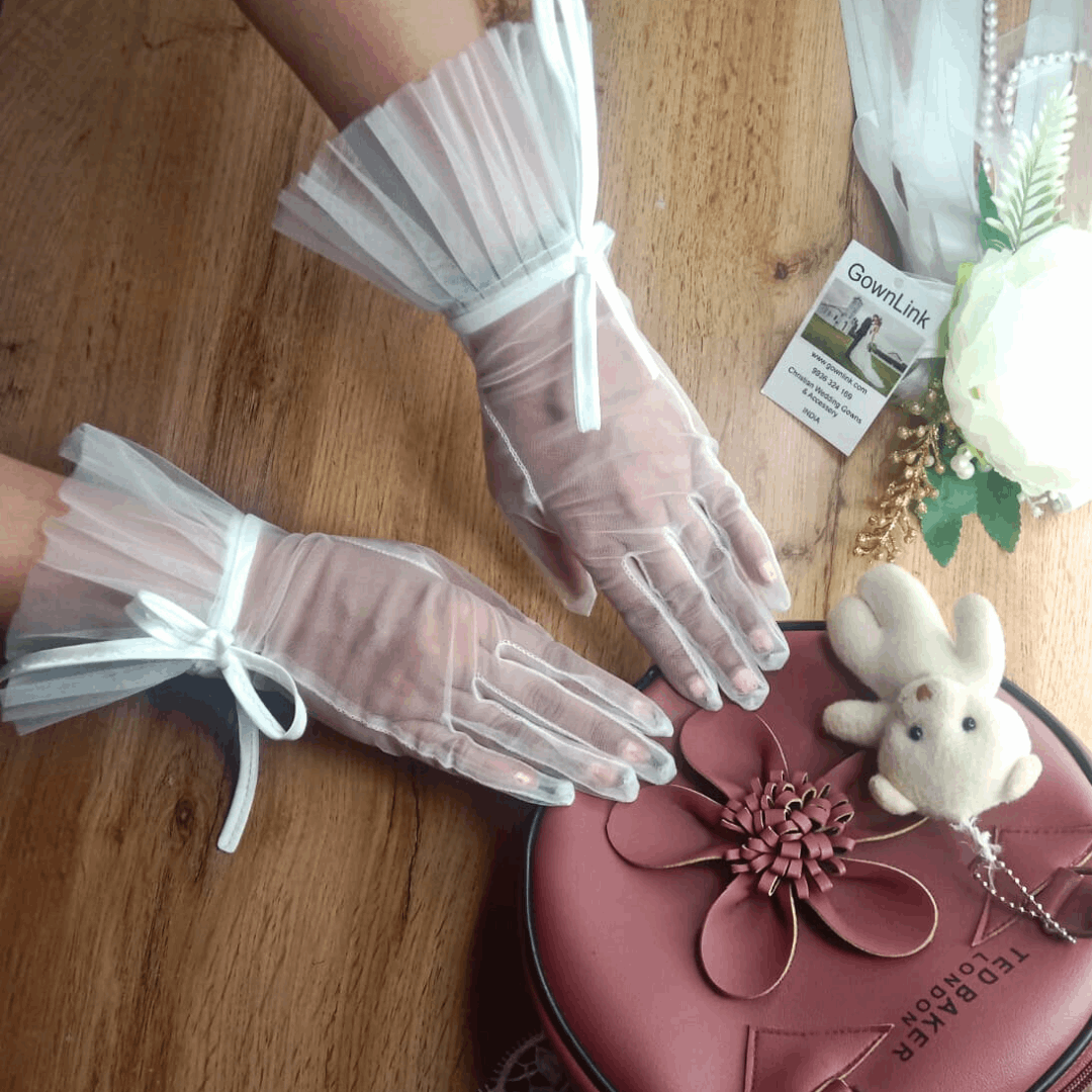 Enchanting Finesse GownLink's Elegant Bridal Gloves Embellished with Satin Ribbon for Christian & Catholic Wedding G116