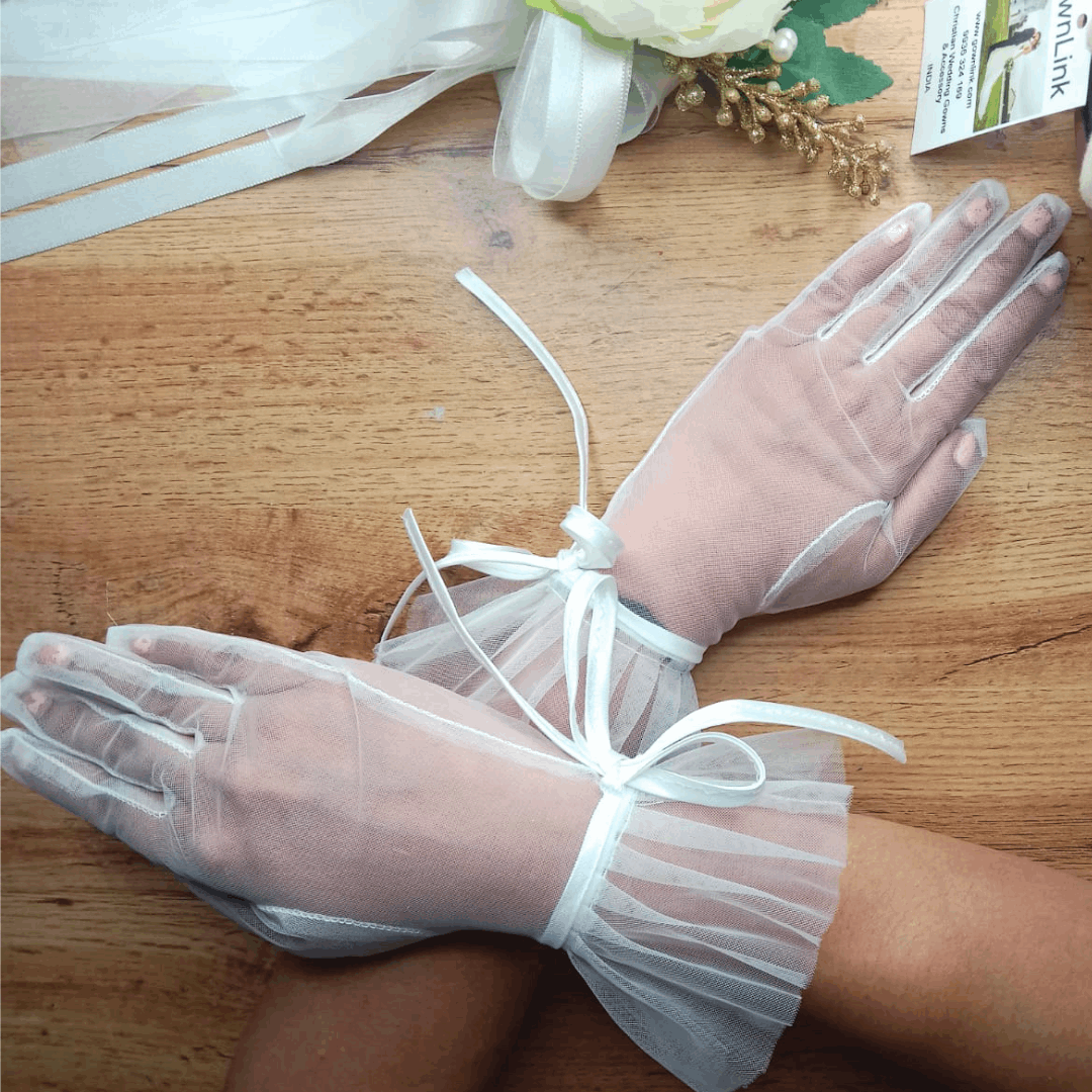 Enchanting Finesse GownLink's Elegant Bridal Gloves Embellished with Satin Ribbon for Christian & Catholic Wedding G116