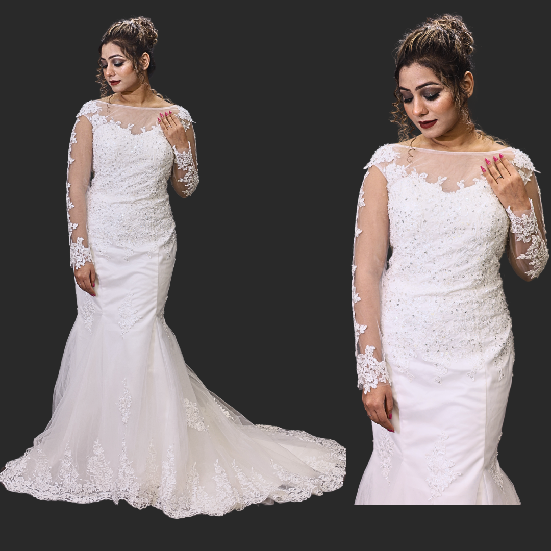 White Mermaid Wedding Train Gown for Christian and Catholic Wedding GL330XFM