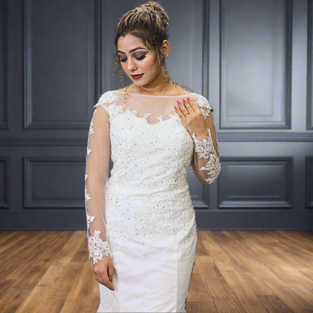 White Mermaid Wedding Train Gown for Christian and Catholic Wedding GL330XFM