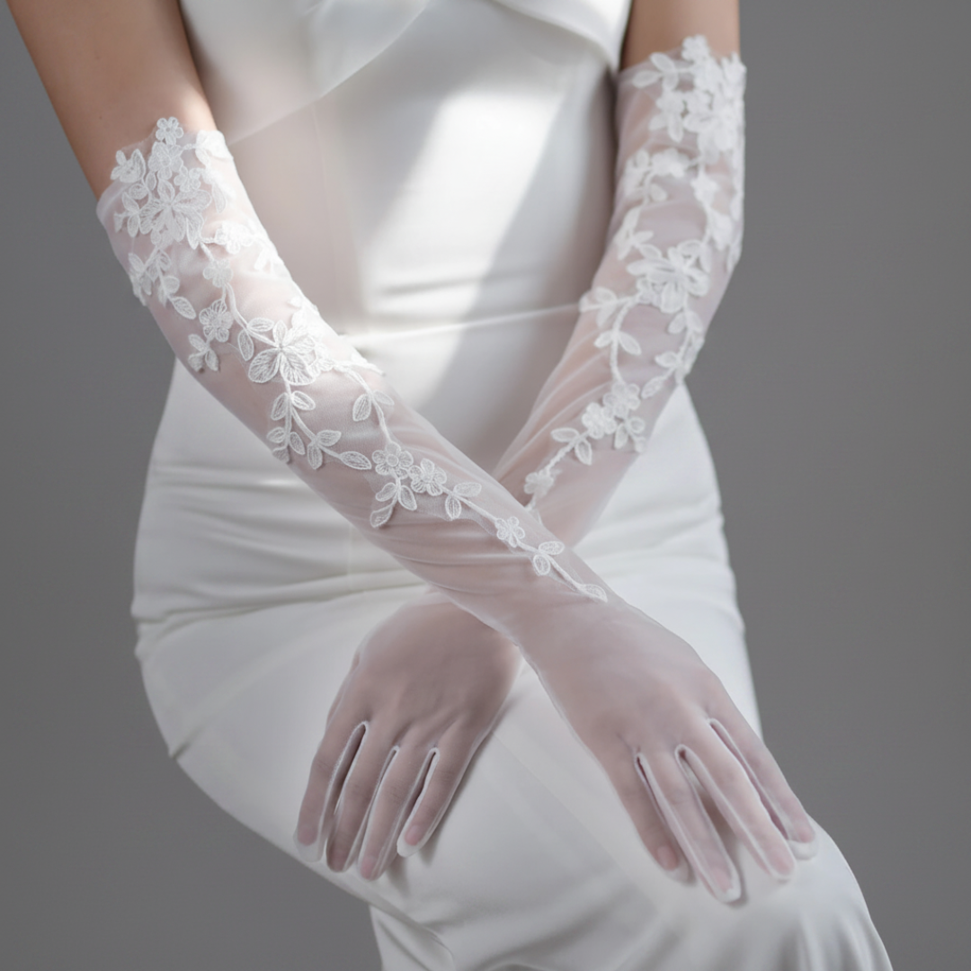 Side view of Bridal Gloves showing fit and length — GownLink G103